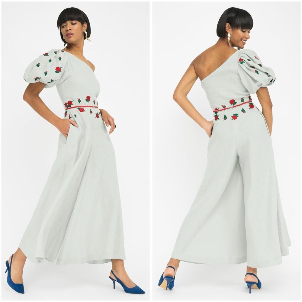 Fanm Mon Datcha Mint Green Floral One Shoulder Jumpsuit Medium Cotton Wide leg
